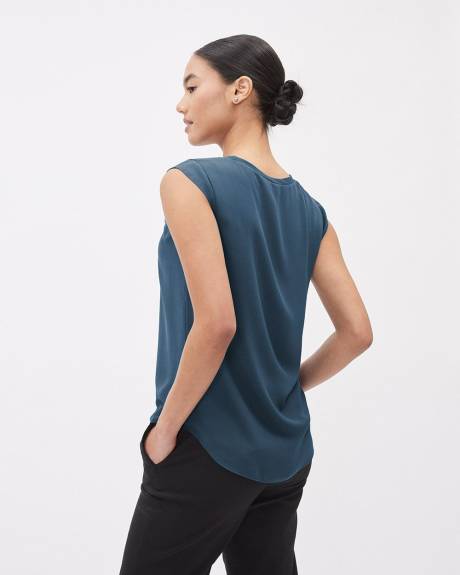 Solid Cap-Sleeve Crew-Neck Silky Crepe Blouse