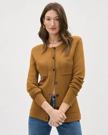 Long Buttoned-Down Cardigan with Pockets