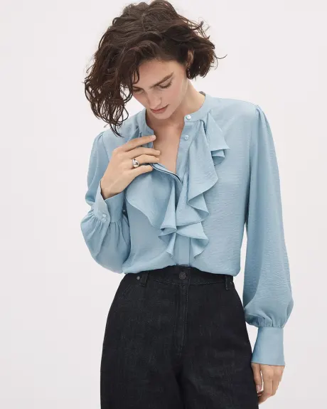 Blouse Boutonnée en Satin à Manches Longues et Jabot