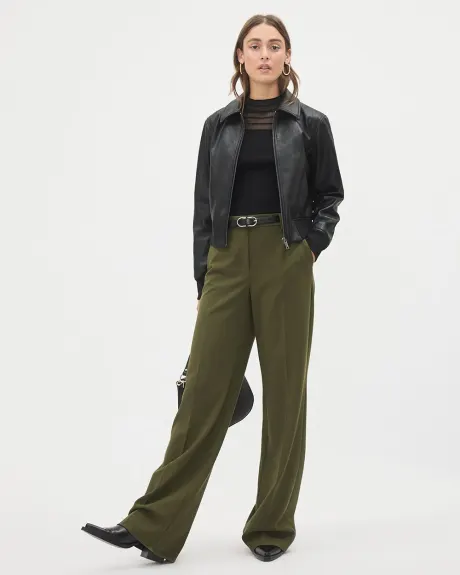 Pantalon Vert en Sergé Épais à Taille Mi-Haute et Jambe Large