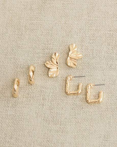 Small Hoops and Leaf Earrings - 3 Pairs