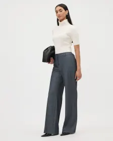 Pantalon en Chambray à Taille Mi-Haute et Jambe Large